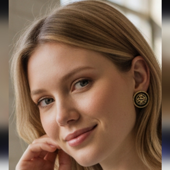 Tory Burch Black and Gold Round Logo Stud Earrings - Picture 2 of 4